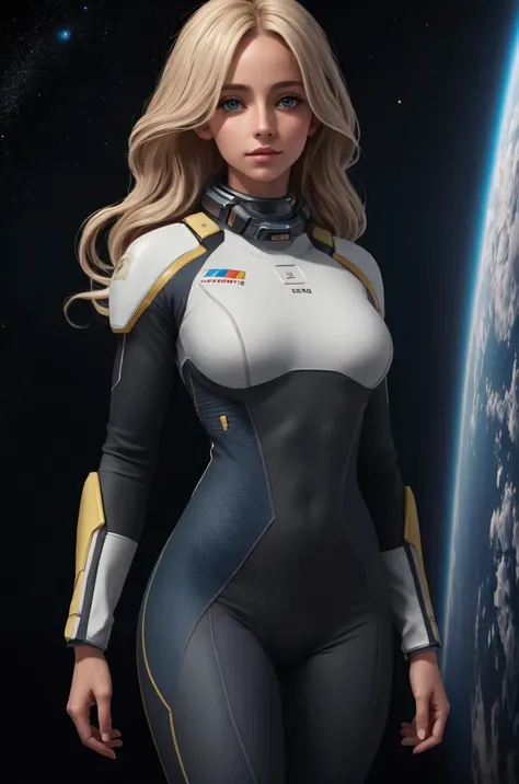 award winning portrait photograph ((full body)) woman, light blonde hair, wearing skintight spandex, ((space uniform)), natural breasts, ((looking to the horizon)), detailed hands with five fingers, sharp focus, photorealistic, gods rays, cinematic lighting, 8k, film grain, space scene, sci-fi still, cinematic, 8k, hyper-realistic, vibrant, 8k, detailed, ultra detail, soothing tones, muted colors, small waist, wide hips, thigh gap, detailed texture, detailed hands with 5 fingers