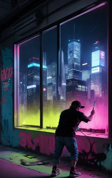 a Hispanic graffiti artist painting a cityscape with neon colors