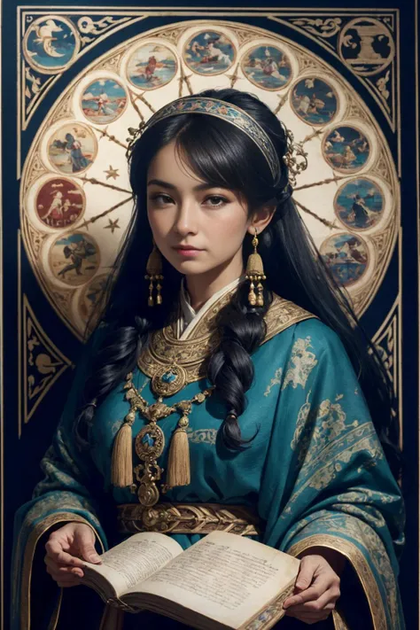 (masterpiece), (excellent quality:1.4), ultra-resolution, [:detailed embroidery:0.2], hyperrealistic, traditional tapestry1 woman, elder (nomadic:0.7) sage, weathered skin, deep brown eyes, silver tied-back hair, solo, (seated full body:0.6), reading an ancient scroll, detailed background, expressive face, (Mongolian steppe theme:1.1) (ancient scroll:1.05), personified celestial map, folklore, wisdom, heritage, ancestral, celestial symbolism, parchments, glow, aged patina, symmetry, yurts, warm-side lighting, endless grassland background, otherworldly ancestral atmosphere <lora:Elixir:1>