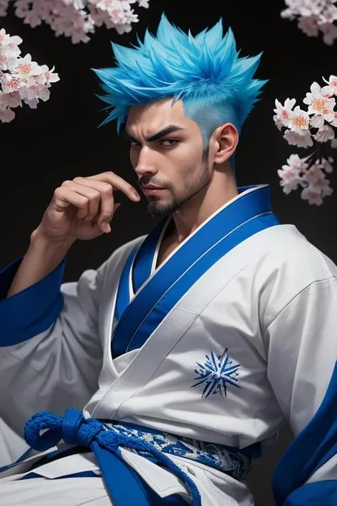 a man with spiky blue hair yawns, he wears a white gi and black belt, he sits beneath a cherry tree in feudal japan, anime style, very stylish, chainsaw man art, intricate design, very detailed, masterpiece