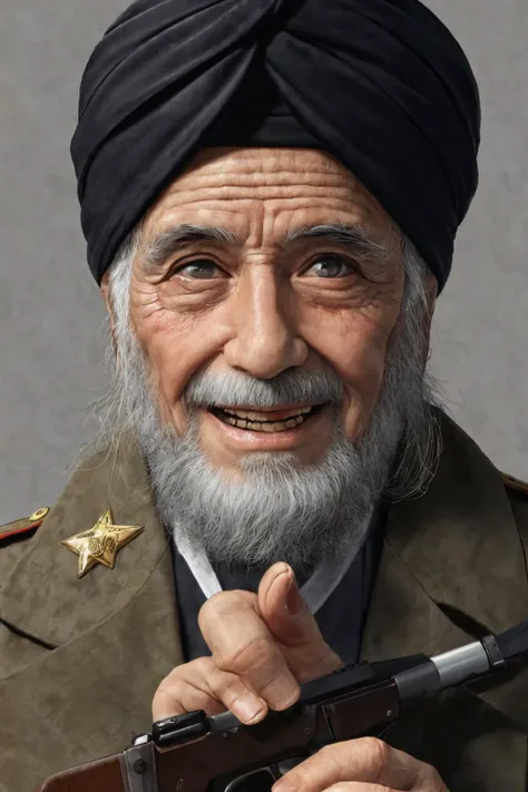 close-up photo portrait of a 80 yo aged Arab man, short grey hair, beard, black eyes, joyful face expression, turban, holding ak-47, military, simple background