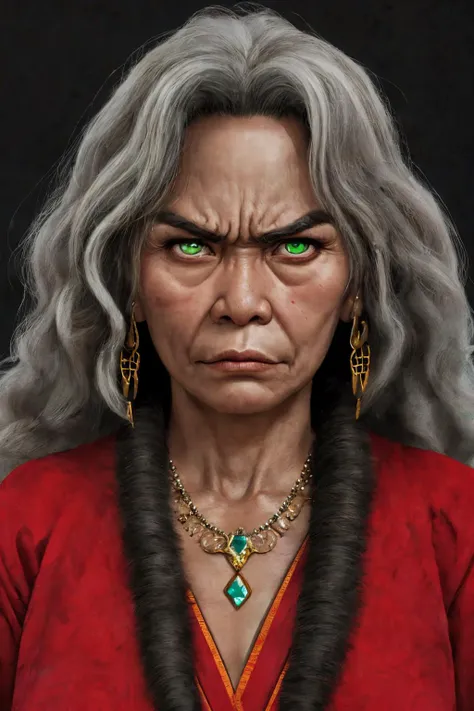 close-up photo portrait of a 60 yo samoan woman, black long curly hair, green eyes, angry face expression, chest red huge gem, necklace, chieftain, traditional, simple background