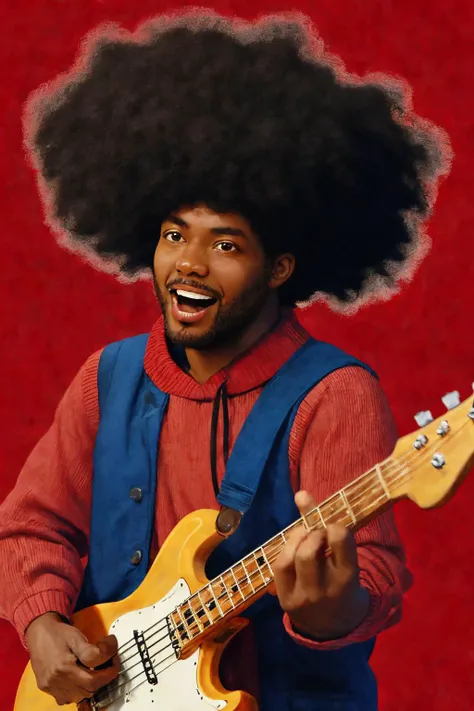 close-up photo portrait of a 45 yo african man, black afro hair, stubble, brown eyes, excited face expression, singing, red bass guitar, blue sweater, black bluesman, simple background
