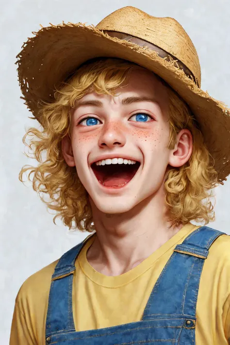 close-up photo portrait of a 20 yo european man, blond short curly hair, blue eyes, laughing face expression, freckles, denim overall, t-shirt, straw hat, farmer, simple background