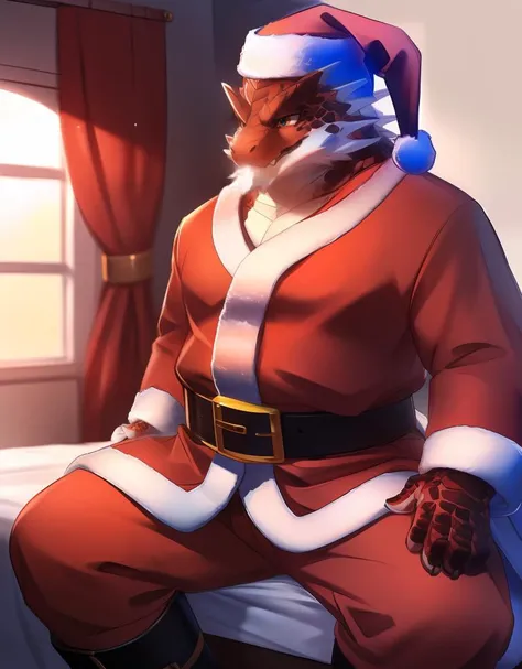 (((detailed eyes, detailed face))), (bara, itzamna <lora:character_itzamna_findigo_v2:1>, facial hair, dragon tail), male, (plump, fat, chubby, overweight), (santa costume, santa hat, red jacket, red coat, Pea coat, red pants, belt, white cape, boots), sitting, (arms behind back), smile BREAK (konzaburou, ukan_muri, cute), bedroom, (soft shading), 8k, UHD, masterpiece