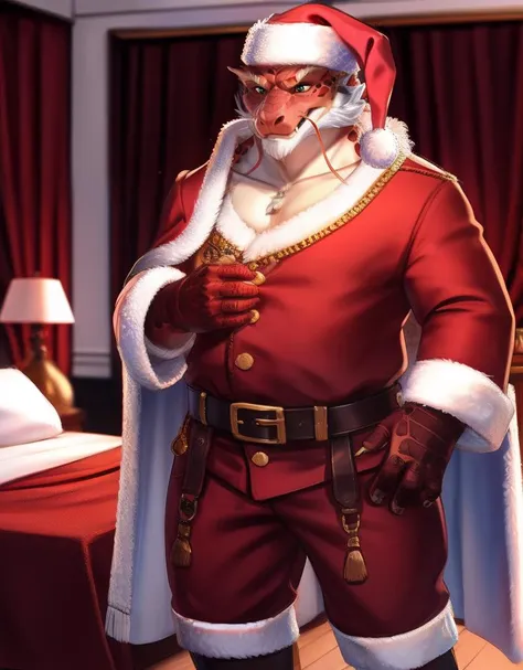 (((detailed eyes, detailed face))), (bara, itzamna <lora:character_itzamna_findigo_v1:1>, facial hair, dragon tail), male, (plump, fat, chubby, overweight), (santa costume, santa hat, long sleeves, red jacket, red coat, Pea coat, red pants, belt, white cape, boots), standing, arms behind back, smile BREAK (by zackarry911, by zaush, by personalami:0.5), bedroom, (soft shading), 8k, UHD, masterpiece