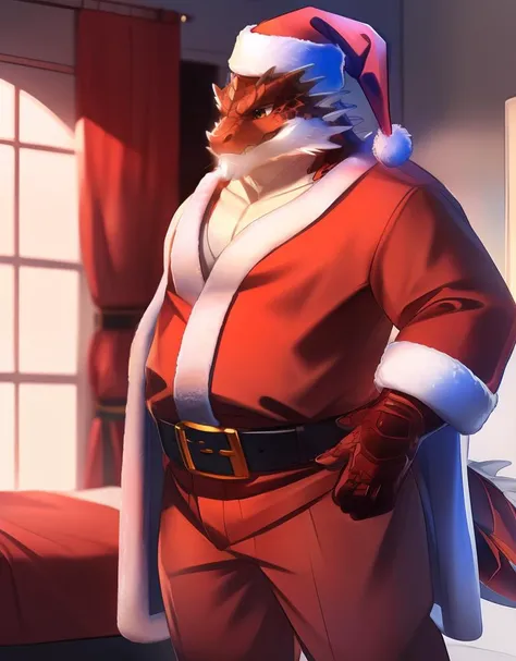(((detailed eyes, detailed face))), (bara, itzamna <lora:character_itzamna_findigo_v1:1>, facial hair, dragon tail), male, (plump, fat, chubby, overweight), (santa costume, santa hat, long sleeves, red jacket, red coat, Pea coat, red pants, belt, white cape, boots), sitting, arms behind back, smile BREAK (by zackarry911, by zaush, by personalami:0.5), bedroom, (soft shading), 8k, UHD, masterpiece
