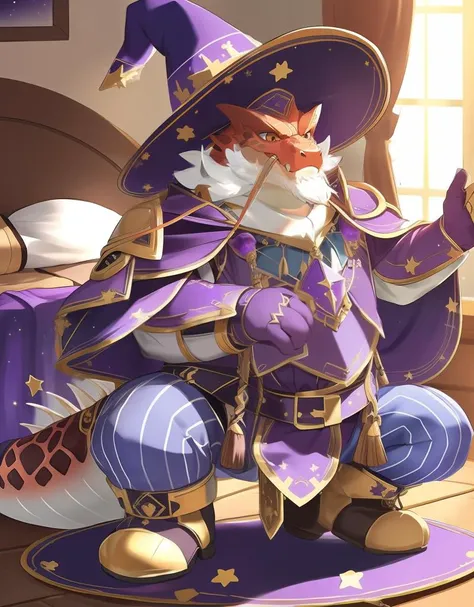 (((detailed eyes, detailed face))), (bara, itzamna <lora:character_itzamna_findigo_v1:1>, facial hair, dragon tail), male, (plump, fat, chubby, overweight), (wizard clothes, wizard hat, star print, striped pants, purple cape, boots), crouching, leaning forward, smile BREAK (konzaburou, ukan_muri, cute), bedroom, (soft shading), 8k, UHD, masterpiece