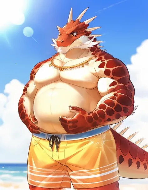 Chubby male anthro eastern dragon walking nude on the lone island beach