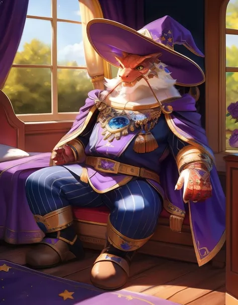 (((detailed eyes, detailed face))), (bara, itzamna <lora:character_itzamna_findigo_v1:1>, facial hair, dragon tail), male, (plump, fat, chubby, overweight), (wizard clothes, wizard hat, star print, striped pants, purple cape, boots), sitting, arms behind back, smile BREAK (by zackarry911, by zaush, by personalami:0.5), bedroom, (soft shading), 8k, UHD, masterpiece