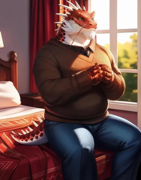 (((detailed eyes, detailed face))), (bara, itzamna <lora:character_itzamna_findigo_v1:1>, facial hair, dragon tail), male, (plump, fat, chubby, overweight), (brown sweater, black shirt, blue pants), sitting, arms behind back, smile BREAK (by zackarry911, by zaush, by personalami:0.5), bedroom, (soft shading), 8k, UHD, masterpiece