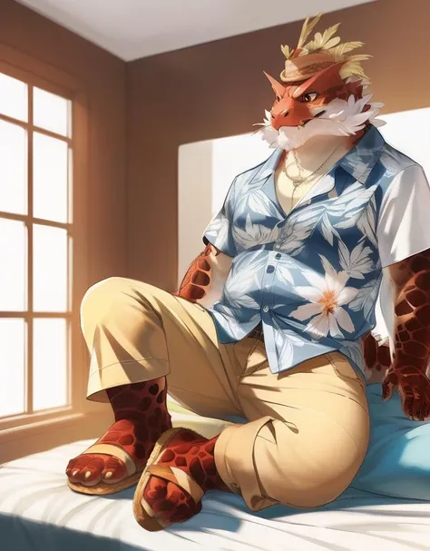 (((detailed eyes, detailed face))), (bara, itzamna <lora:character_itzamna_findigo_v1:1>, facial hair, dragon tail), male, (plump, fat, chubby, overweight), (hawaiian clothes, white shirt, print shirt, short sleeves, sandals, grey pants), standing, arms behind back, smile BREAK (by cotora, by shiuk, by zaush), bedroom, (soft shading), 8k, UHD, masterpiece