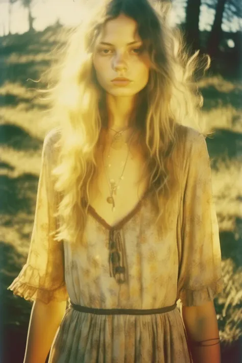 <lora:Marianna Rothen Style:1>Marianna Rothen Style - disposable film photograph of beautiful boho girl in dress in sunny at golden hour, Emphasize natural imperfections in the background and clothing to create a cohesive aesthetic