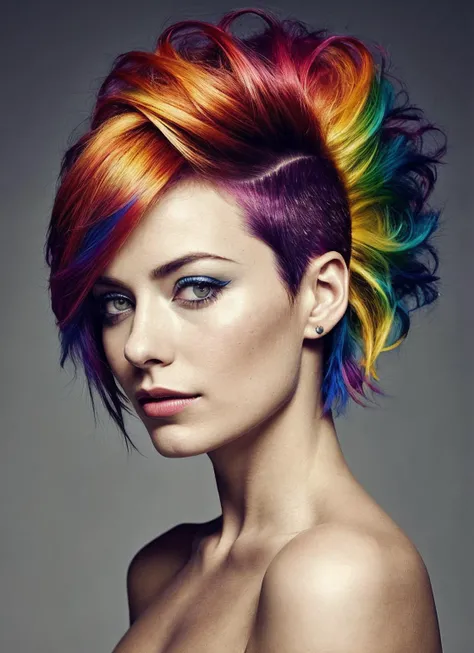 portrait of sks woman by Flora Borsi, style by Flora Borsi, bold, bright colours, rainbow Mohawk haircut, ((Flora Borsi)), <lora:lora_olivia_v1_from_v1_160:1>