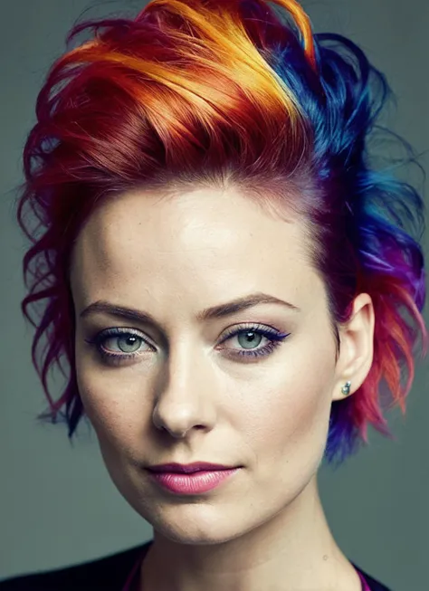 portrait of sks woman by Flora Borsi, style by Flora Borsi, bold, bright colours, rainbow Mohawk haircut, ((Flora Borsi)), <lora:lora_olivia_v1_from_v1_160:1>