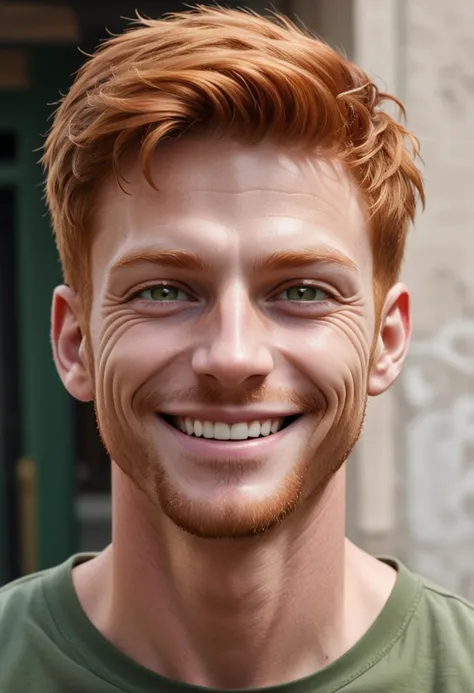 (medium full shot) of adult man, Skinny build, long ginger crew cut hair, italian, tan skin, olive green eyes, smiling, detailed face, wearing clothes, ,Masterpiece,best quality, raw photo, realistic, very aesthetic