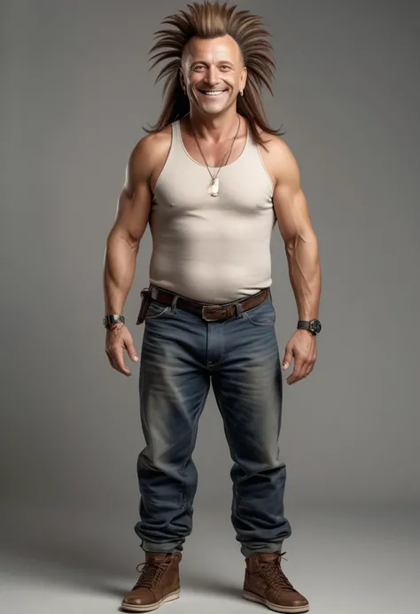 (full shot) of middle-aged man, Fit build, extra long brown Mohawk hair, swedish, light skin, brown eyes, smiling, detailed face, wearing clothes and shoes, ,Masterpiece,best quality, raw photo, realistic, very aesthetic