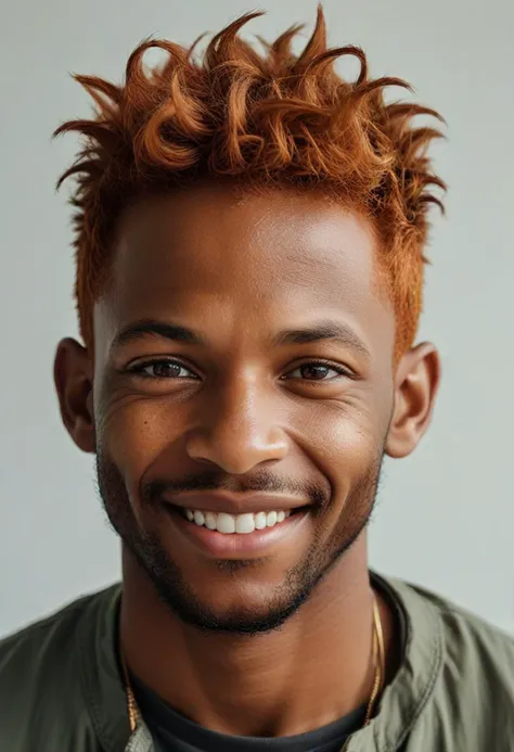 (medium full shot) of middle-aged man, Slim build, short ginger Spiky hair, south african, dark skin, black eyes, smiling, detailed face, wearing clothes, ,Masterpiece,best quality, raw photo, realistic, very aesthetic