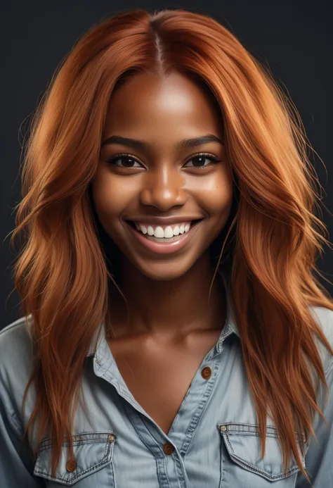 (medium full shot) of young woman, willowy build, medium ginger straight down hair, african, dark skin, black eyes, smiling, detailed face, wearing clothes, ,Masterpiece,best quality, raw photo, realistic, very aesthetic