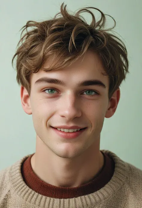 (medium full shot) of young man, Lean build, short hazel french Crop hair, russian, pale skin, mint green eyes, smiling, detailed face, wearing clothes, ,Masterpiece,best quality, raw photo, realistic, very aesthetic