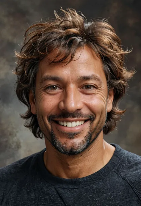 (medium full shot) of middle-aged man, Broad build, short brown Shaggy hair, black american, dark skin, black eyes, smiling, detailed face, wearing clothes, ,Masterpiece,best quality, raw photo, realistic, very aesthetic