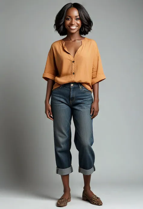 (full shot) of middle-aged woman, Average build, extra long dark inverted bob cut hair, south african, dark skin, brown eyes, smiling, detailed face, wearing clothes and shoes, ,Masterpiece,best quality, raw photo, realistic, very aesthetic
