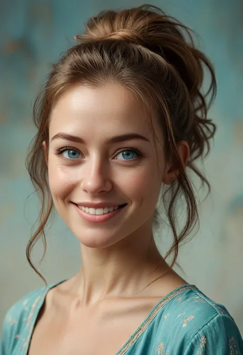 (medium full shot) of middle-aged woman, petite build, long brown ponytail hair, australian, light skin, turquoise eyes, smiling, detailed face, wearing clothes, ,Masterpiece,best quality, raw photo, realistic, very aesthetic