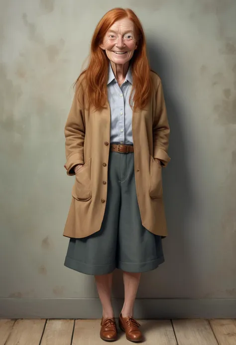 (full shot) of old woman, slender build, extra long ginger layered cut hair, british, tan skin, hazel eyes, smiling, detailed face, wearing clothes and shoes, ,Masterpiece,best quality, raw photo, realistic, very aesthetic