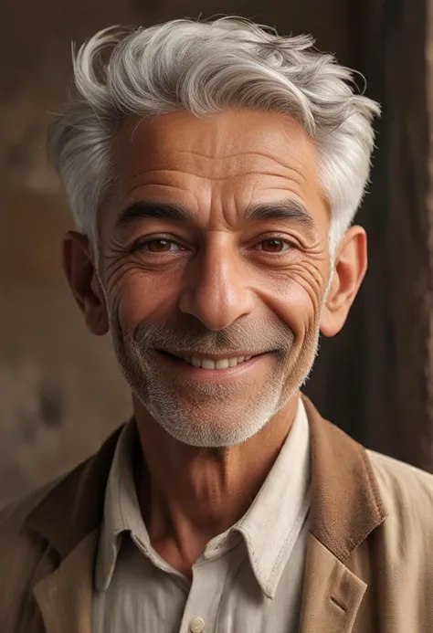 (medium full shot) of old man, Very thin build, short red Taper Fade hair, persian, tan skin, brown eyes, smiling, detailed face, wearing clothes, ,Masterpiece,best quality, raw photo, realistic, very aesthetic