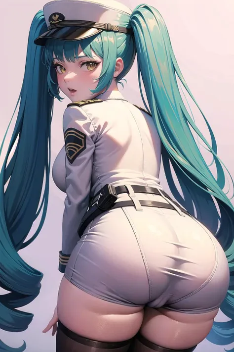 (masterpiece:1.3),(highly detailed:1.3),(highres:1.1),best quality,Ultra-detail,1girl,solo,from behind,privaty \(nikke\),military uniform,long sleeves,straps,hat,white headwear,black thighhighs,uniform,huge ass,bent over,embarrassed,looking back,<lora:privaty-nikke-richy-v1:1>,