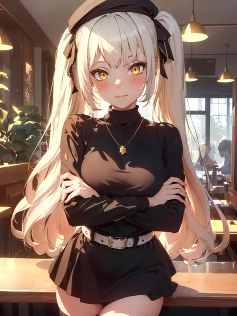 highres, ultra detailed,1girl,(beautiful detailed eyes:1.2),bokeh photography,warm tones, soft shadows,natural face,simple background,blush,Yellow eyes,restaurant,crossed arms,
<lora:privaty-nikke-richy-v1:1> privaty \(nikke\), long sleeves, jewelry, hair ribbon, indoors, necklace, black dress, belt, zettai ryouiki, beret, turtleneck,