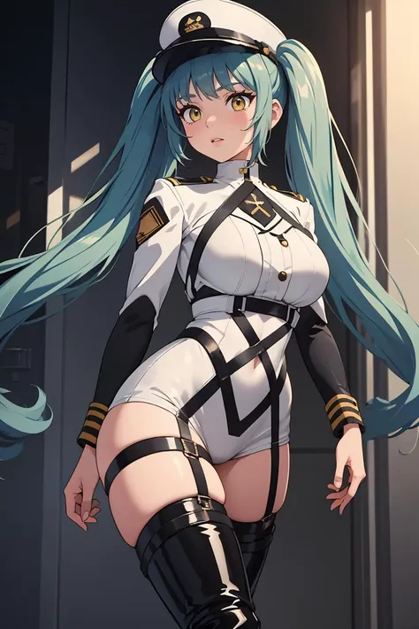 (masterpiece, best quality), 1girl,    <lora:privaty-nikke-richy-v2:0.8> privatydef, twintails, very long hair, peaked cap, military uniform, harness, thigh strap, black thigh boots,