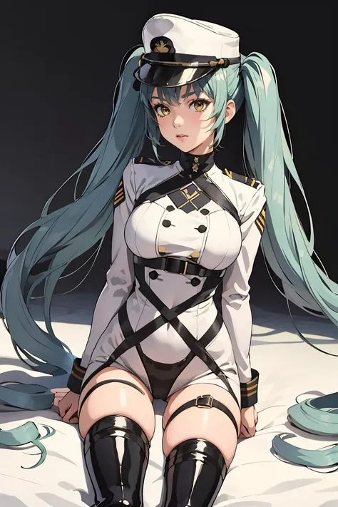 (masterpiece, best quality), 1girl,    <lora:privaty-nikke-richy-v2:0.8> privatydef, twintails, very long hair, peaked cap, military uniform, harness, thigh strap, black thigh boots,