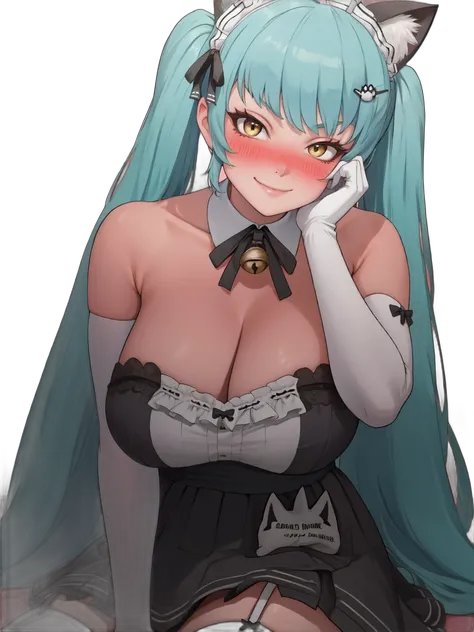 masterpiece, best quality, 1girl, solo, looking_at_viewer, blush, smile, long_hair, between eyes, braid, open mouth, (green_hair:1.2), skin_fang, standing, simple_background, big breasts, <lora:rac-000020:1>, pantyhose, blue_hair, side braid, cleavage, red leotard, playboy bunny, (V:1.2)