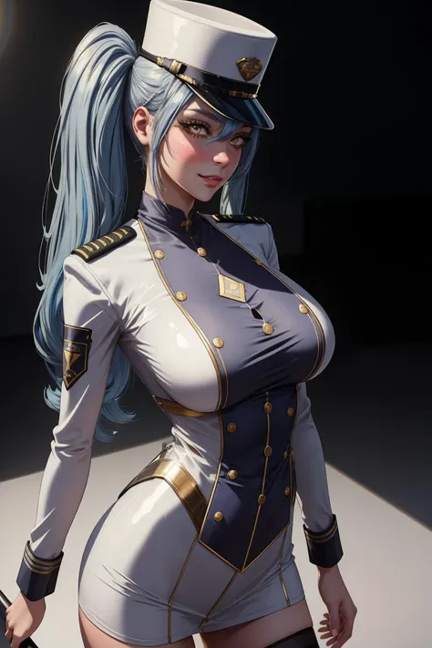 masterpiece, best quality, absurdres, illustration, 8k, perfect shadows,perfect lighting,hdr, ambient lighting,realistic, ultra-realistic, cowboy shot, Photo realistic,(hyperrealistic:1)textured skin,shiny skin,skindentation, beautiful body, (blush:1.2) privaty \(nikke\) blue hair, gold eyes, (wearingmilitary uniform, long sleeves, straps, hat, white headwear, black thighhighs, uniform) (large breasts,hourglass body, thin waist,very slim waist)extremely detailed face,detailed eye makeup, detail face, nice detailed eyes,nice hands, perfect hands <lora:privaty-nikke-richy-v1:.90> <lora:PerfectFullBreasts-fCV3:.40><lora:beautifulDetailedEyes_v10:0.50> (realistic pupils,realistic iris:1) heavy eye makeup,glowing eyes, Bright eyes,<lora:add_detail:.50> <lyco:GoodHands-beta2:.90><lora:Aesthetic-Portrait-V2:.40> standing,standing at attention,(evil smile) (gradient grey background) <lora:ryanreos-lora-v1-32dim-3ep-naivae:.20>