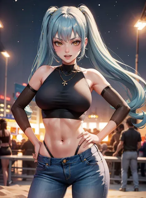 absurdres, (best quality), (masterpiece),(ultra-detailed:1.2),(highres),elaborate, cowboy shot ,1girl, solo, realistic, photorealistic, 
<lora:privaty-nikke-richy-v1:0.8> privaty \(nikke\), blush, smile, open mouth, embarrassed, v-shaped eyebrows,  tsundere, <lora:edgWhaleTail1:0.8>, skirt, navel, detached sleeves, midriff, pants, necklace, crop top, tank top, denim, jeans, fashion, denim skirt, wearing edgWhaleTail, visible thong, 
lively beach party under a blanket of stars, DJ booth with pulsating lights, people dancing on the sand, fireworks creating vibrant explosions in the sky, palm trees adorned with fairy lights, candid modelshoot style, (fcPortrait:0.8), [(standing[::2], hand on hips:1.1)::0.8],
<lora:GoodHands-vanilla:0.5>,