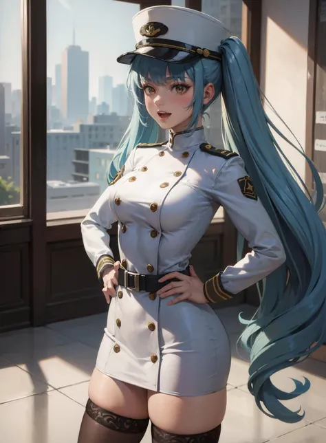 absurdres, (best quality), (masterpiece),(ultra-detailed:1.2),(highres),elaborate, cowboy shot ,1girl, solo, realistic, photorealistic, 
<lora:privaty-nikke-richy-v1:0.8> privaty \(nikke\), blush, smile, open mouth, long sleeves, hat, boots, black thighhighs, uniform, military uniform, white headwear, peaked cap, tsundere, 
shop[::2], fantastic scenery, window, candid modelshoot style, (fcPortrait:0.8), [(standing[::2], hand on hips:1.1)::0.8],
<lora:GoodHands-vanilla:0.5>,