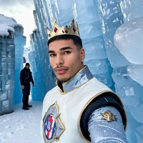 close-up photo of a young Puerto Rican man, wearing an ice king outfit, at an ice castle, <lora:Papi_rican_sdxl:1>