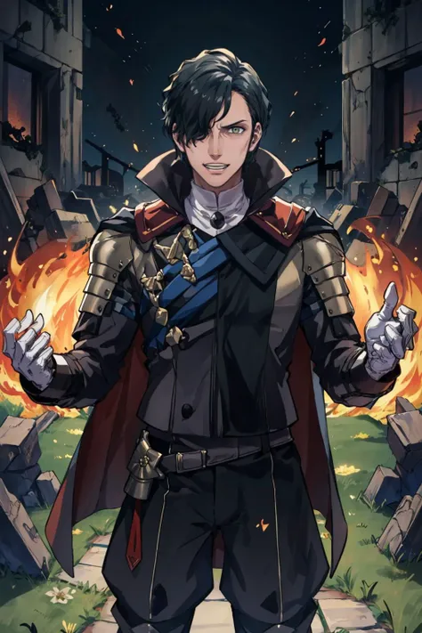 masterpiece, best quality, solo, male focus <lora:HubertFE3H-bsinky-v1:0.9> warHubert, cape, armor, short hair, hair over one eye, white gloves, long sleeves, laughing, grin, open mouth, furrowed brow, looking at viewer, fire, burning, ruins