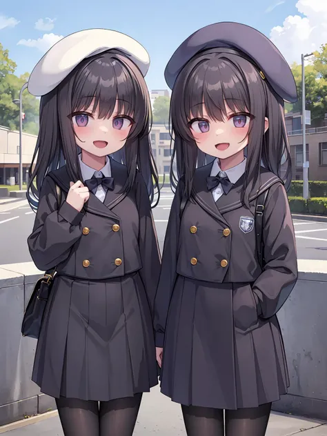 masterpiece, best quality, 2girl, long_hair, black_hair, school_uniform, beret, outdoors, smile, open_mouth, looking_at_viewer, standing,<lora:Kamita Style_v1:0><lora:kam-000030:0><lora:kam-000020:1>