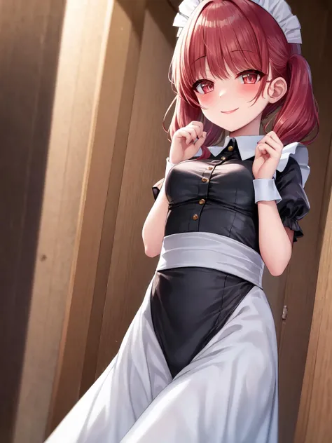masterpiece, best quality, 1girl, solo, <lora:kam5-6:1>,maid,maid headdress,smile_face,closed_mouth,medium_breasts,twintails,red_hair,