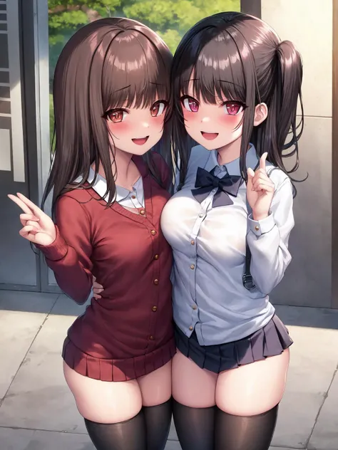 masterpiece, best quality, 2girl, <lora:kam5-6:1>,school uniform,thighhighs,smile_face,open_mouth,medium_breasts,