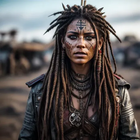 A photo of a charismatic female leader, adorned with tribal markings on her face and a crown made from repurposed metal and scrap. Her eyes, filled with wisdom and determination, command the attention of those around her. She stands on a raised platform, addressing a gathering of survivors in a ruined amphitheater. The background showcases the remnants of a crumbling cityscape, with twisted metal and faded graffiti. The camera angle is slightly elevated, capturing the character's authoritative presence. ISO 400, shutter speed 1/125, focal length 50mm, and a medium depth of field. The warm, earthy tones enhance the connection to nature and the survivalist spirit. The epic character composition, combined with sharp focus and natural lighting, brings the captivating image to life. The subsurface scattering effect adds a touch of ethereal glow, while the f2 aperture and 35mm lens create a perfect balance of depth and detail. <lora:PostApocalypticV1:0.6> 99post96apocalyptic44
