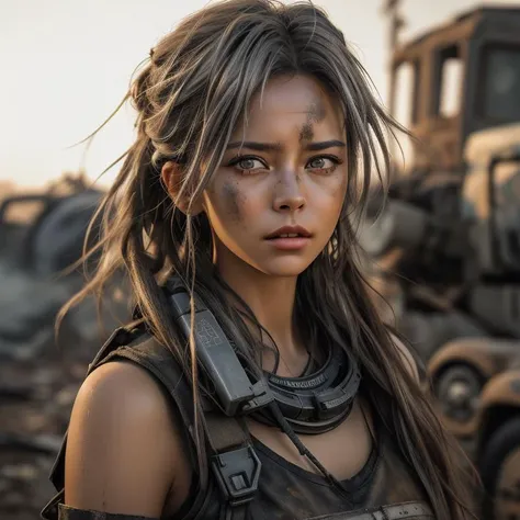 A photo of a determined survivor with a cybernetic arm, a testament to her resilience and adaptability in the post-apocalyptic world. She wears practical and functional attire, reflecting her resourcefulness and practicality. Her intense gaze, framed by a patchwork of brown and silver hair, exudes strength and determination. The background features the remnants of a derelict city, with collapsed buildings and overgrown flora. The camera angle is at eye level, emphasizing the character's confident presence. ISO 400, shutter speed 1/200, focal length 50mm, and a medium depth of field. The muted color palette enhances the gritty atmosphere. The epic character composition, combined with sharp focus and natural lighting, brings the captivating image to life. The subsurface scattering effect adds a touch of ethereal glow, while the f2 aperture and 35mm lens create a perfect balance of depth and detail. <lora:PostApocalypticV1:0.6> 99post96apocalyptic44