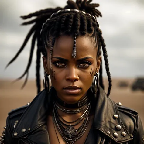 a photo of a black woman, in the style of Mad Max. She exudes strength and resilience, with a determined gaze. She wears a weathered leather jacket adorned with metal studs and patches, paired with ripped and patched-up jeans. Her boots are heavy-duty combat boots, showing signs of wear and tear. Her hair is styled in intricate braids, adorned with colorful beads and feathers. The color style is high contrast, with deep shadows and vibrant highlights. The environment showcases a desolate wasteland, with remnants of crumbling structures and abandoned vehicles. The camera angle is slightly low, capturing the woman from a powerful perspective. ISO 400, shutter speed 1/500, focal length 50mm, medium depth of field. The weather is cloudy, with rays of sunlight breaking through the dark clouds, casting dramatic shadows.<lora:PostApocalypticV1:0.5>  99post96apocalyptic44