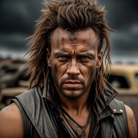 a photo of a man, in the style of Mad Max. He exudes an air of ferocity, with a piercing gaze and a fierce expression. He wears a weathered leather vest adorned with spikes, paired with ripped and patched-up jeans. His boots are heavy-duty combat boots, showing signs of wear and tear. He has muscular arms adorned with metal cuffs and wristbands. His hair is wild and unkempt, styled in a tousled manner. The color style is high contrast, with deep shadows and intense saturated tones. The environment showcases a post-apocalyptic junkyard, filled with scrap metal and twisted machinery. The camera angle is low, capturing the man from a dynamic perspective. ISO 400, shutter speed 1/250, focal length 35mm, shallow depth of field. The weather is stormy, with dark clouds and rain pouring down.<lora:PostApocalypticV1:0.5> 99post96apocalyptic44