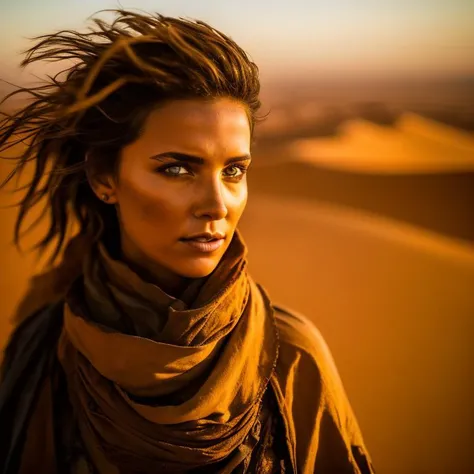 A close up photo of a nomadic explorer standing on the edge of a vast desert, her silhouette highlighted against the setting sun. She wears a flowing, desert-colored cloak that billows in the wind, allowing her to blend with the arid surroundings. Her piercing hazel eyes, framed by a scarf to protect against the sandstorms, exude a sense of adventure and resilience. The background features endless dunes and a horizon dotted with remnants of ancient ruins. The camera angle is from a low perspective, emphasizing the character's connection with the desert. ISO 400, shutter speed 1/125, focal length 50mm, and a medium depth of field. The warm golden tones capture the magic of the desert landscape. The epic character composition, combined with sharp focus and natural lighting, brings the captivating image to life. The subsurface scattering effect adds a touch of ethereal glow, while the f2 aperture and 35mm lens create a perfect balance of depth and detail. <lora:PostApocalypticV1:0.6> 99post96apocalyptic44