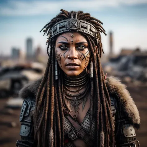 A photo of a charismatic female leader, adorned with tribal markings on her face and a crown made from repurposed metal and scrap. Her eyes, filled with wisdom and determination, command the attention of those around her. She stands on a raised platform, addressing a gathering of survivors in a ruined amphitheater. The background showcases the remnants of a crumbling cityscape, with twisted metal and faded graffiti. The camera angle is slightly elevated, capturing the character's authoritative presence. ISO 400, shutter speed 1/125, focal length 50mm, and a medium depth of field. The warm, earthy tones enhance the connection to nature and the survivalist spirit. The epic character composition, combined with sharp focus and natural lighting, brings the captivating image to life. The subsurface scattering effect adds a touch of ethereal glow, while the f2 aperture and 35mm lens create a perfect balance of depth and detail. <lora:PostApocalypticV1:0.6> 99post96apocalyptic44