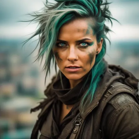 A photo of a stealthy female rogue perched on the edge of a crumbling skyscraper, overlooking a ruined cityscape. Her piercing blue eyes, accentuated by a streak of vibrant green hair, reflect her resourcefulness and quick thinking. The background features a desolate cityscape, with crumbling buildings and overgrown vegetation. The camera angle is from a bird's-eye view, capturing the character's strategic vantage point. ISO 800, shutter speed 1/320, focal length 50mm, and a medium depth of field. The cool blue tones evoke a sense of mystery and danger. The epic character composition, combined with sharp focus and natural lighting, brings the captivating image to life. The subsurface scattering effect adds a touch of ethereal glow, while the f2 aperture and 35mm lens create a perfect balance of depth and detail. <lora:PostApocalypticV1:0.6> 99post96apocalyptic44