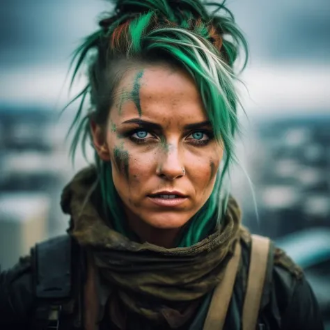 A close up of a woman with green hair and a green scarf - SeaArt AI